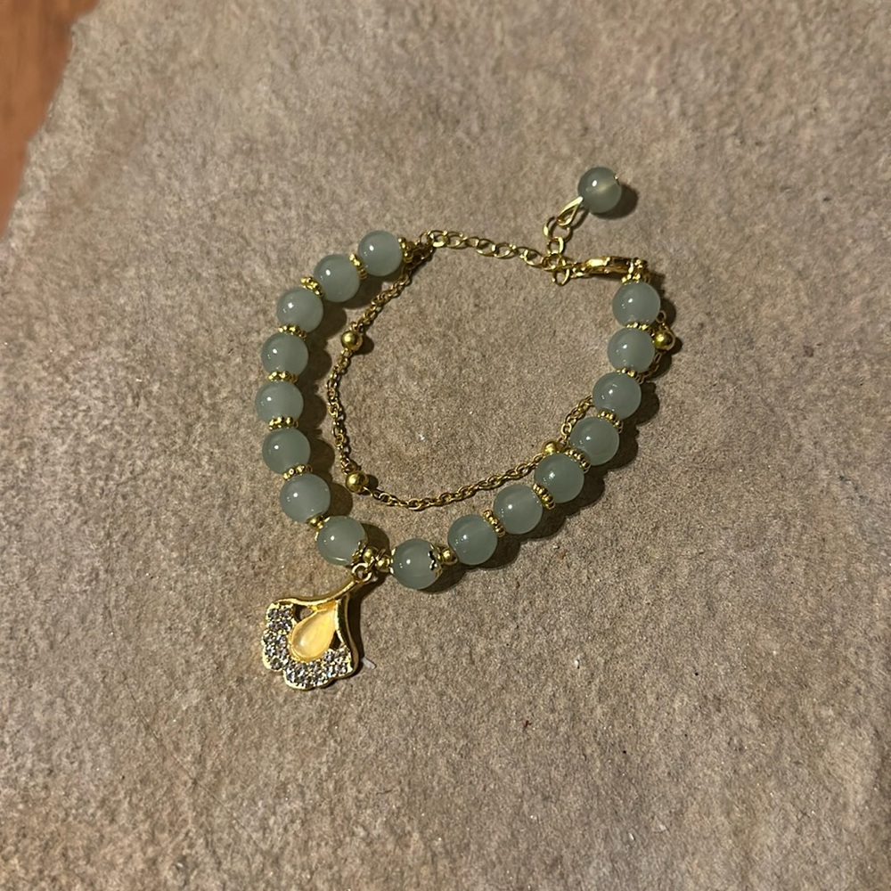 Hetian Natural Green Nephrite Jade Bracelet with Gold Toned Leaf Charm Bracelet